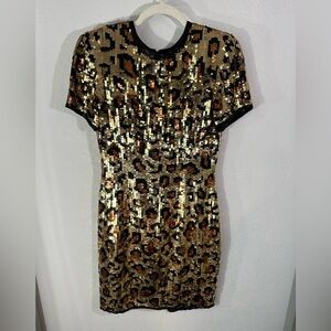 1980s AJ Bari Sequin Dress Leopard All Over Animal Print Womens Vintage New Year